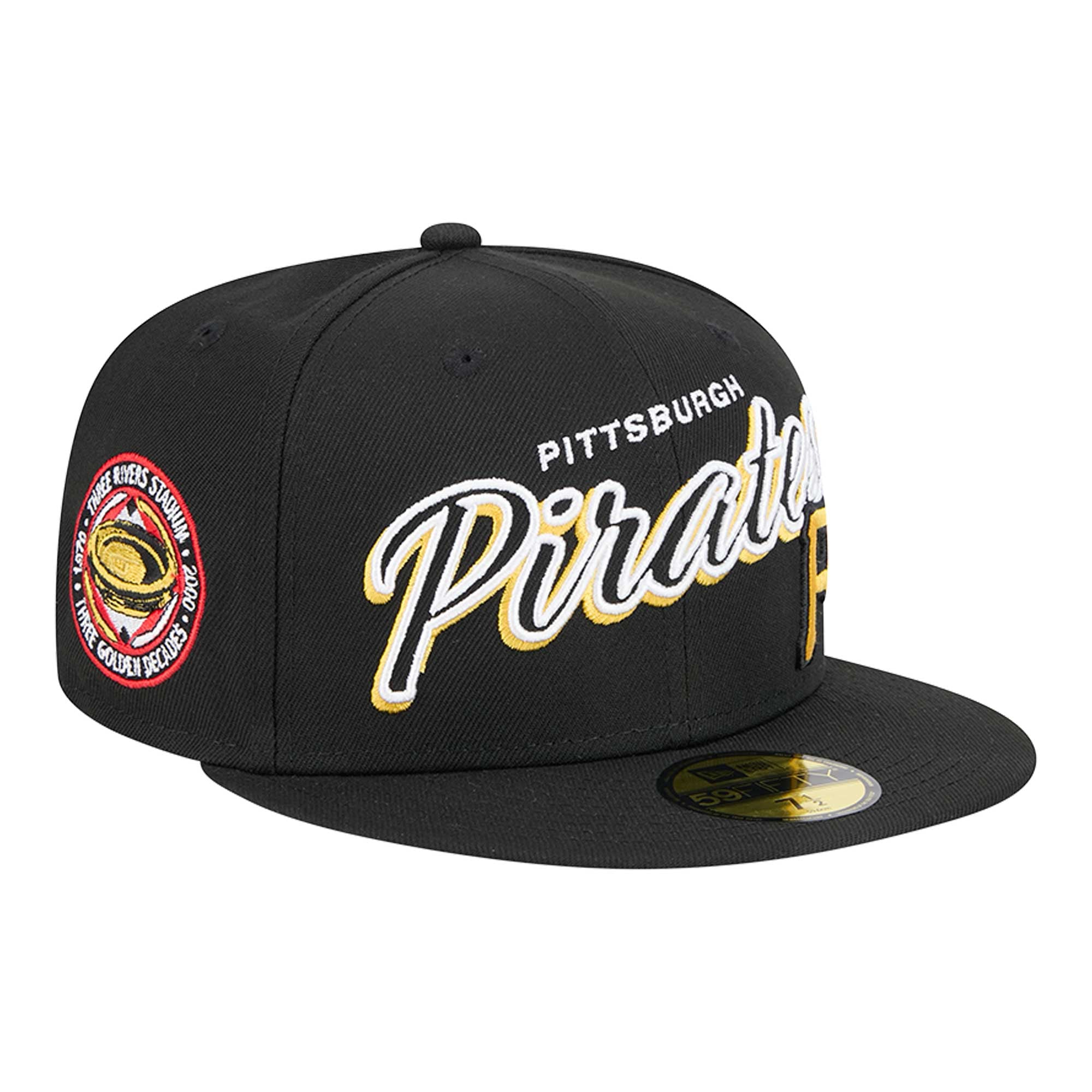 Pitsburgh Script Throwback Men's Pittsburgh Pirates New Era Black Script Sided 59FIFTY Fitted Hat