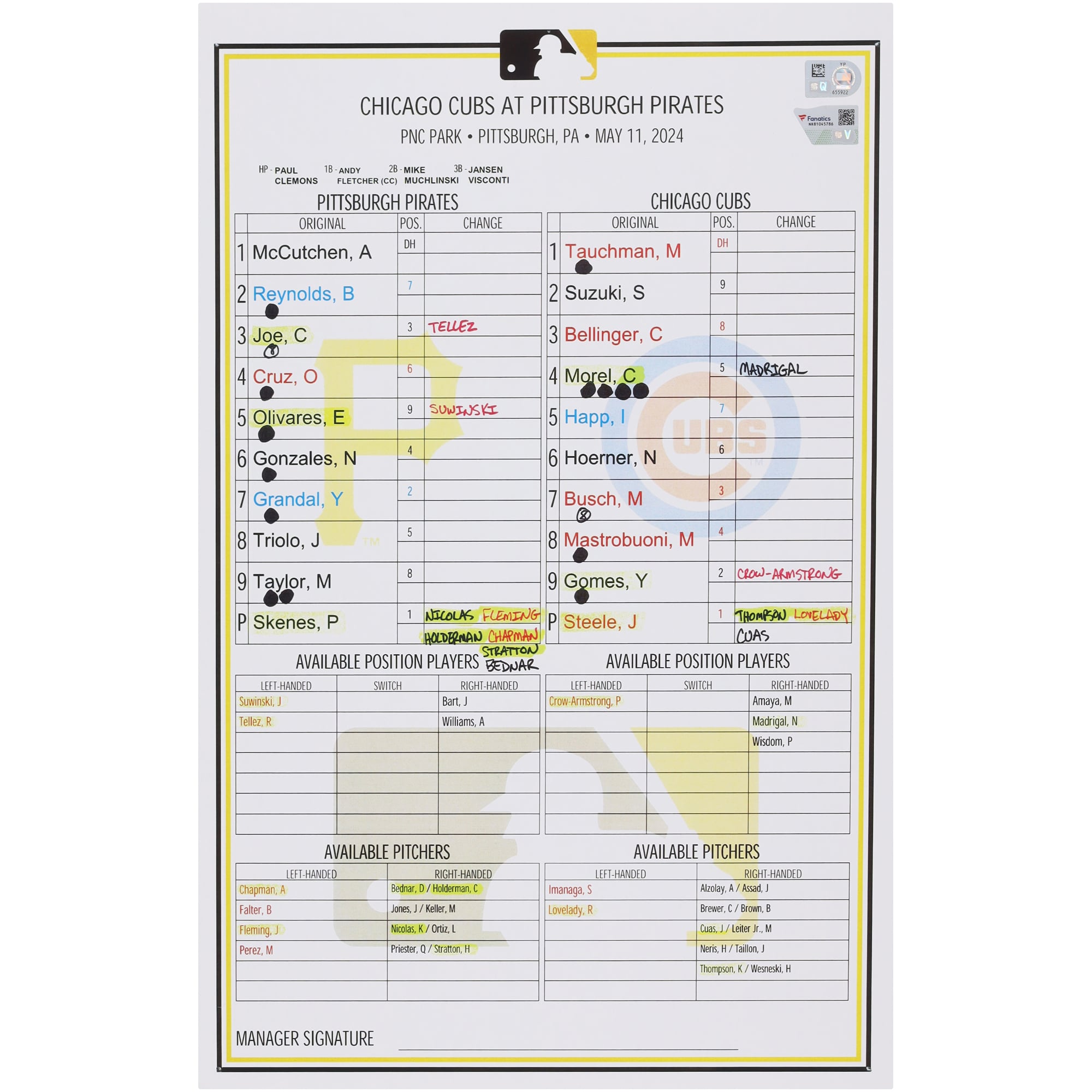 Replica Lineup Card Pittsburgh Pirates Fanatics Authentic Team-Issued Replica Lineup Card ...
