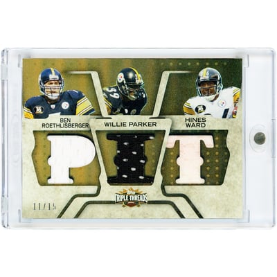 Ben Roethlisberger, Willie Parker & Hines Ward Pittsburgh Steelers 2008 Topps Triple Threads Triple Game Used Tri-Color Jersey Relics #TTRC-7 #11/15 Card