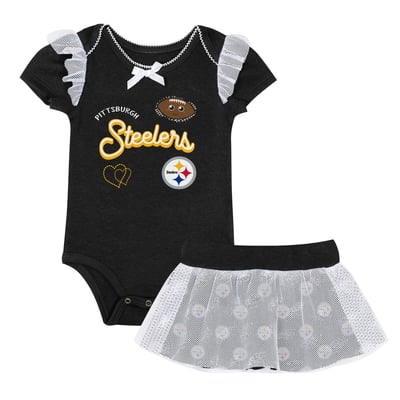 Pittsburgh Steelers Outerstuff Girls Newborn Melted Hearts Printed Bodysuit and Skirt Set - Black
