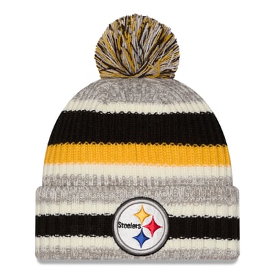 Pittsburgh Steelers New Era Girls Youth Stripe Cuffed Knit Hat with Pom - Black/Beige