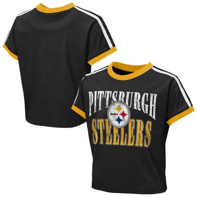  Pittsburgh Steelers WEAR by Erin Andrews Girls Youth  Cropped Hail Mary Ringer Baby T-Shirt - Black