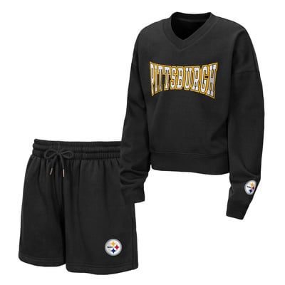  Pittsburgh Steelers WEAR by Erin Andrews Girls Youth Red Zone Fleece V-Neck Sweatshirt and Shorts Set - Black