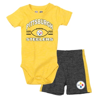 Pittsburgh Steelers Wes & Willy Infant Cloudy Yard Hopper Bodysuit & Shorts Set - Gold/Black