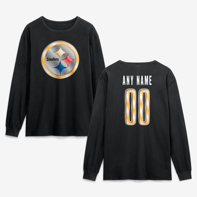 Pittsburgh Steelers  Metallic Mascot Personalized Name & Number Long Sleeve T-Shirt - Black