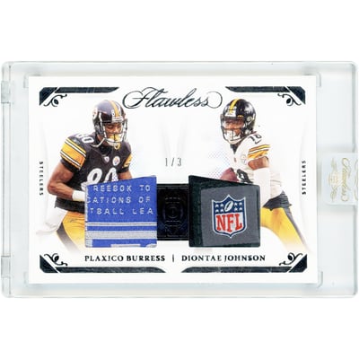 Plaxico Burress & Diontae Johnson Pittsburgh Steelers 2021 Panini Flawless Black Dual Reebok & NFL Crest Laundry Tag Relics #DD16 #1/3 Card