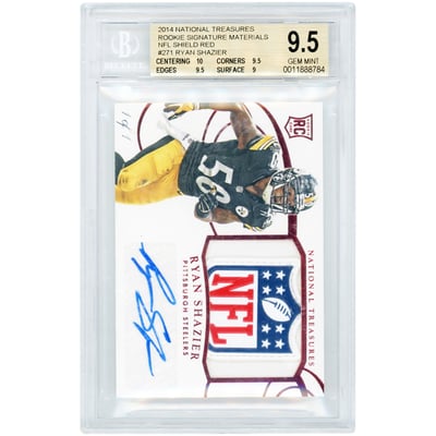 Ryan Shazier Pittsburgh Steelers Autographed 2014 Panini National Treasures Rookie Signature Materials NFL Shield Red #271 #1/1 BGS Authenticated 9.5/9 Rookie Card - 10,9.5,9.5,9 Subgrades