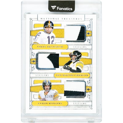 Terry Bradshaw, Ben Roethlisberger & Aaron Rodgers Pittsburgh Steelers 2025 Panini National Treasures NFL Gear Trio Materials Triple Dual-Color Jersey Relics #GTM-BRR #53/99 Card 