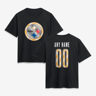 Pittsburgh Steelers Women's Metallic Mascot Personalized Name & Number T-Shirt - Black