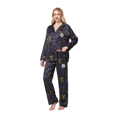  Pittsburgh Steelers Concepts Sport Women's Poppy Satin Long Sleeve Top and Pants Sleep Set - Black