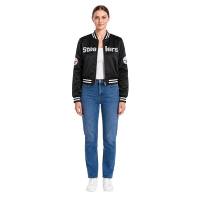 Pittsburgh Steelers FABGATING by Cuce Women's Cropped Team Full-Zip Bomber Jacket - Black