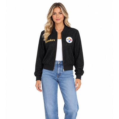 Pittsburgh Steelers FABGATING by Cuce Women's Crystal Full-Zip Bomber Jacket - Black