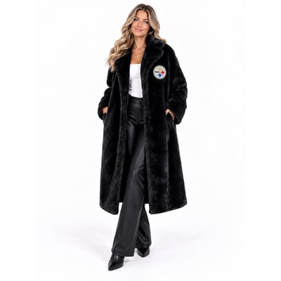 Pittsburgh Steelers FABGATING by Cuce Women's Longline Crystal Faux Fur Jacket - Black