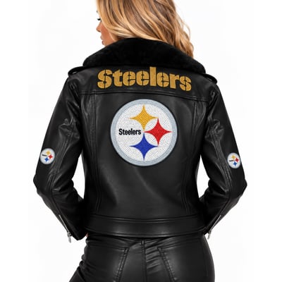 Pittsburgh Steelers FABGATING by Cuce Women's Vegan Leather Faux Fur Moto Full-Snap Jacket - Black/Black