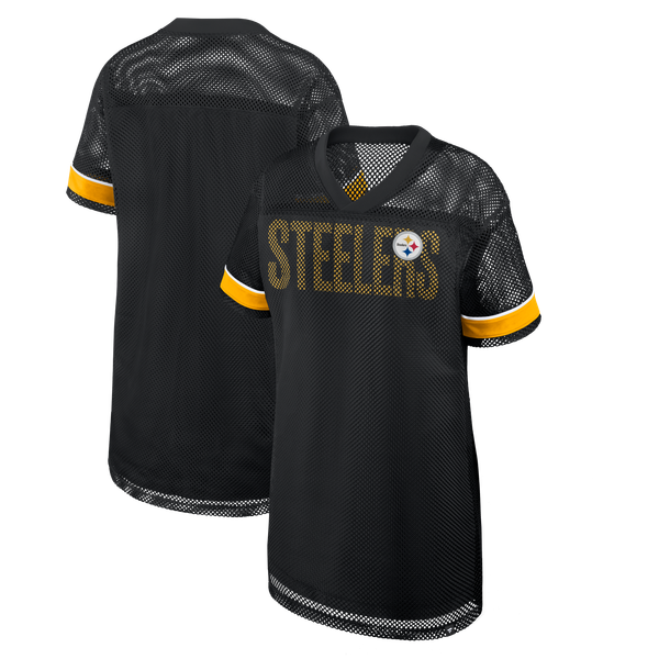 Women's Fanatics Black Pittsburgh Steelers Oversized Team First Deep Route Mesh V-Neck Dress Size: 2XL