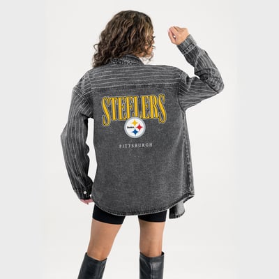  Pittsburgh Steelers Gameday Couture Women's End Zone Energy Rhinestone Washed Full-Snap Denim Overshirt - Black