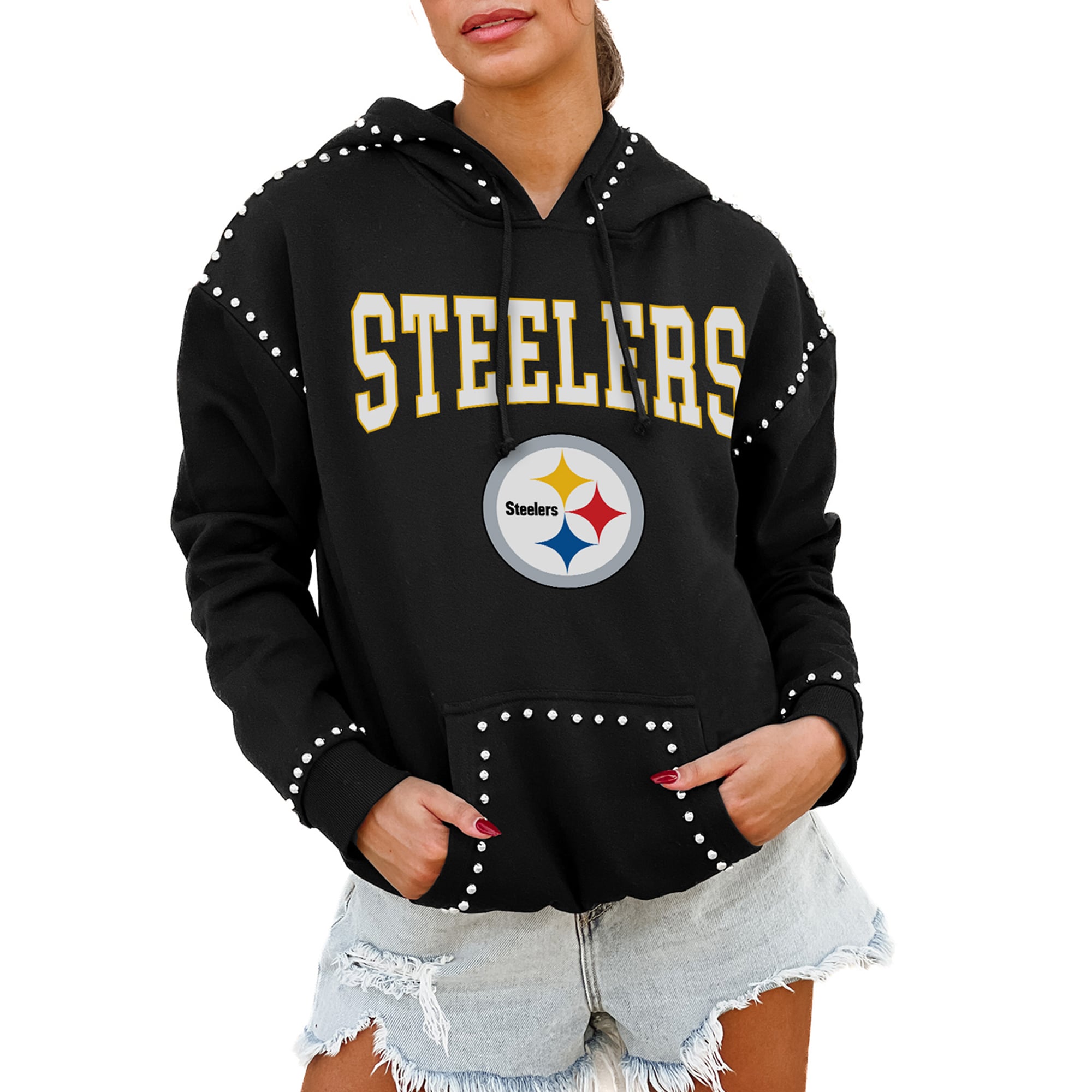 Pittsburgh Steelers Gameday Couture Women's Catch the Vibe Studded Pullover Hoodie - Black