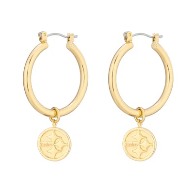  Pittsburgh Steelers LUV AJ Women's XL Logo Charm Hoop Earrings - Gold