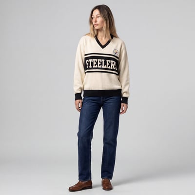 Pittsburgh Steelers Mitchell & Ness Women's Retro Roots V-Neck Sweater - Cream/Black