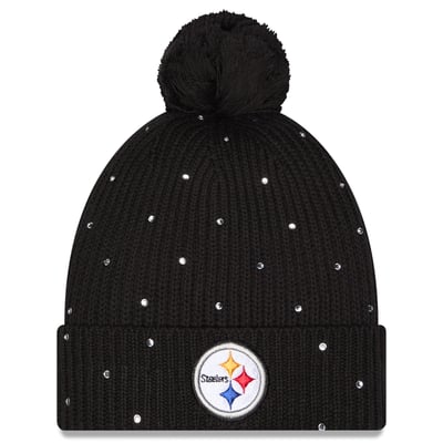 Pittsburgh Steelers New Era Women's Rhinestone Cuffed Knit Hat with Pom - Black