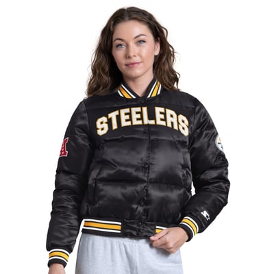 Pittsburgh Steelers Starter Women's Pump Fake Puffer Full Snap Cropped Jacket - Black