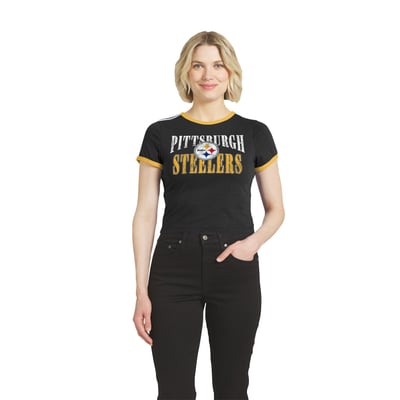  Pittsburgh Steelers WEAR by Erin Andrews Women's Cropped Throwback Ringer Baby T-Shirt - Black