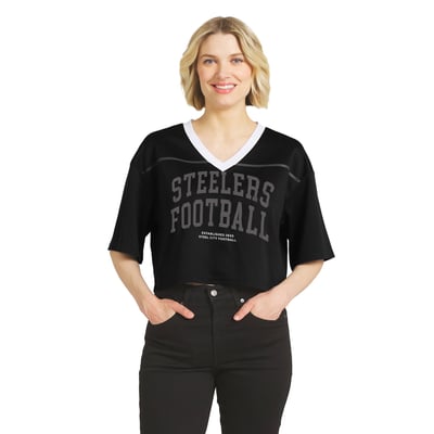  Pittsburgh Steelers WEAR by Erin Andrews Women's Cropped V-Neck Jersey T-Shirt - Black