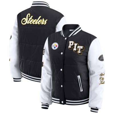 Pittsburgh Steelers WEAR by Erin Andrews Women's Varsity Full-Snap Puffer Jacket - Black