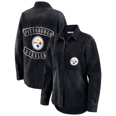 Pittsburgh Steelers WEAR by Erin Andrews Women's Washed Oversized Denim Full-Snap Shacket - Black