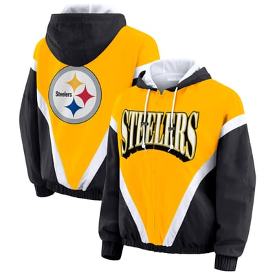 Pittsburgh Steelers WEAR by Erin Andrews Women's Plus Size Retro Crinkle Full-Zip Hoodie Windbreaker Jacket - Gold/Black