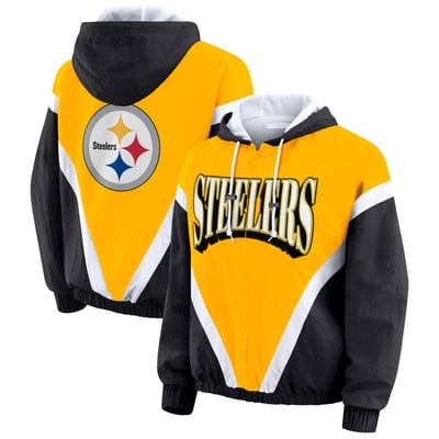Pittsburgh Steelers WEAR by Erin Andrews Women's Retro Crinkle Full-Zip Hoodie Windbreaker - Gold/Black