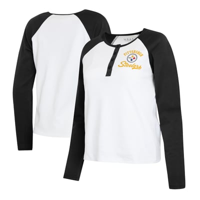  Pittsburgh Steelers WEAR by Erin Andrews Women's Plus Size Henley Long Sleeve Raglan T-Shirt - White/Black