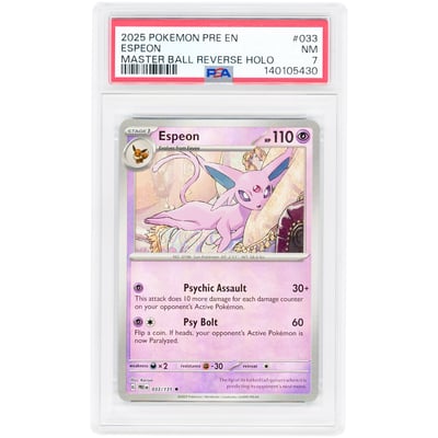 Espeon 2025 Pokemon Prismatic Evolutions Master Ball Reverse Holo #33 PSA Authenticated 7 Card