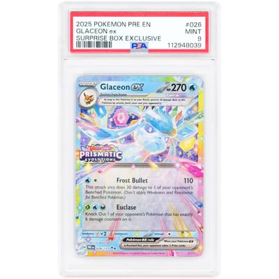Glaceon ex 2025 Pokemon Prismatic Evolutions Stamped Surprise Box Exclusive #26 PSA Authenticated 9 Card