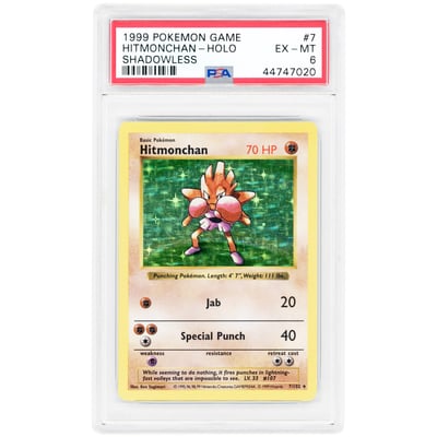 Hitmonchan 1999 Pokemon Base Set Shadowless Holo Rare #7 PSA Authenticated 6 Card