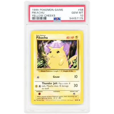 Pikachu 1999 Pokemon Base Set Yellow Cheeks Common #58 PSA Authenticated 10 Card