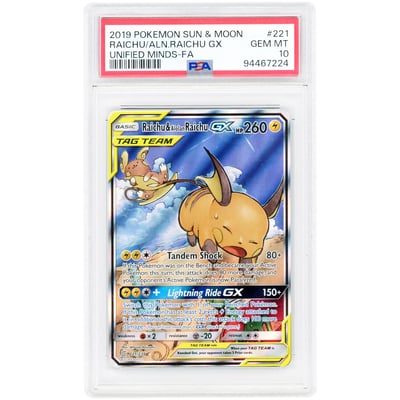 Raichu & Alolan Raichu GX 2019 Pokemon Unified Minds Alternate Full Art #221 PSA Authenticated 10 Card
