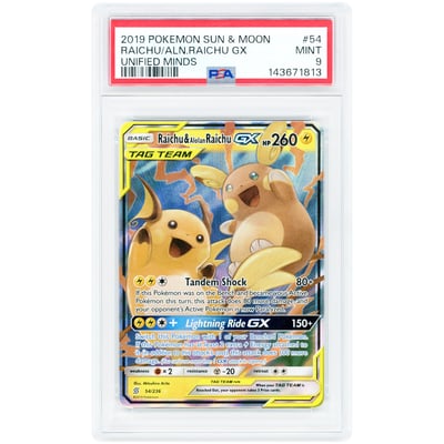 Raichu & Alolan Raichu GX 2019 Pokemon Unified Minds Ultra Rare #54 PSA Authenticated 9 Card