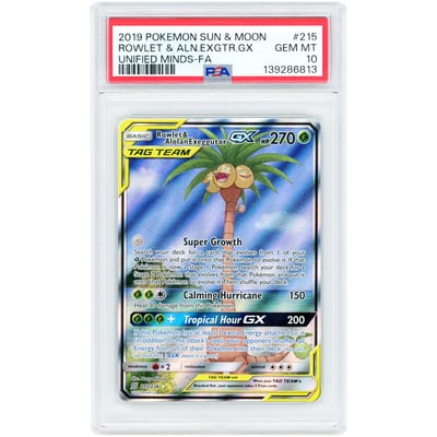 Rowlet & Alolan Exeggutor GX 2019 Pokemon Unified Minds Tag Team Full Art #215 PSA Authenticated 10 Card