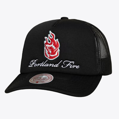 Portland Fire Mitchell & Ness Unisex Script Pro Pinch Adjustable Trucker Hat - Black