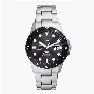 Purdue Boilermakers Fossil Blue Dive Three-Hand Date Stainless Steel Watch - Silver