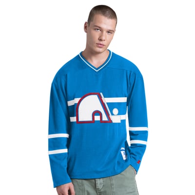 Quebec Nordiques Starter Vintage Hockey Line Up Long Sleeve V-Neck T-Shirt - Blue