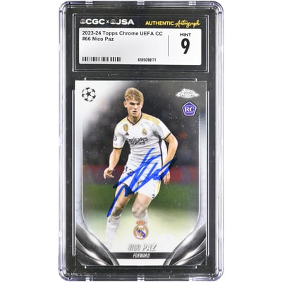 Nico Paz Real Madrid Autographed 2023-24 Topps Chrome UEFA CC #66 CGC Authenticated MINT 9 Rookie Card