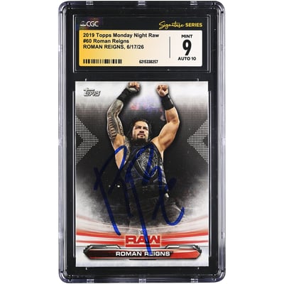 Roman Reigns WWE Autographed 2019 Topps Monday Night Raw #60 CGC Fanatics Witnessed Authenticated 9/10 Card