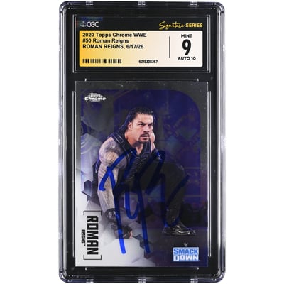 Roman Reigns WWE Autographed 2020 Topps Chrome WWE #50 CGC Fanatics Witnessed Authenticated 9/10 Card