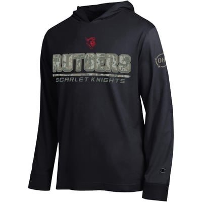  Rutgers Scarlet Knights Champion Operation Hat Trick Camo Script Hooded Long Sleeve T-Shirt - Black