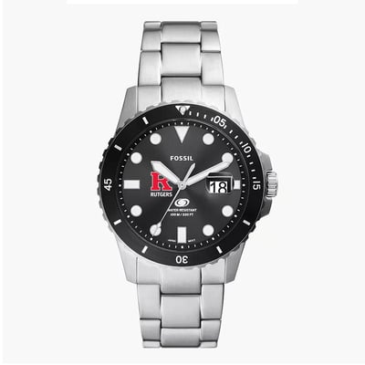 Rutgers Scarlet Knights Fossil Blue Dive Three-Hand Date Stainless Steel Watch - Silver