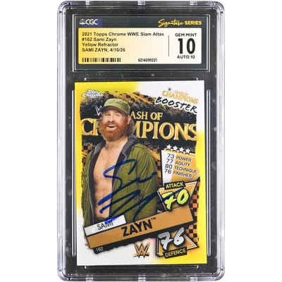 Sami Zayn WWE Autographed 2021 Topps Chrome Slam Attax Yellow Refractor #162 #/99 CGC Fanatics Witnessed Authenticated 10/10 Card