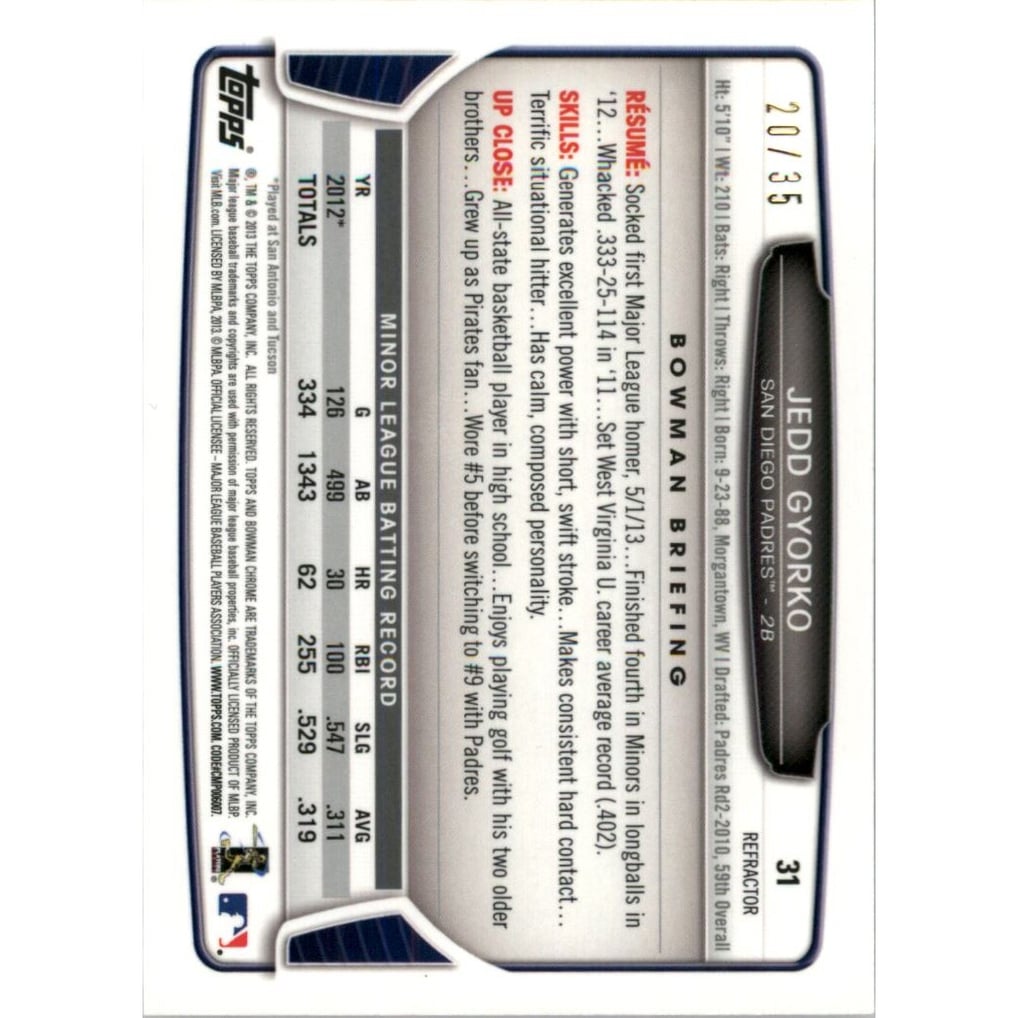 2013 Bowman Chrome Draft Black Refractors #31 Jedd Gyorko