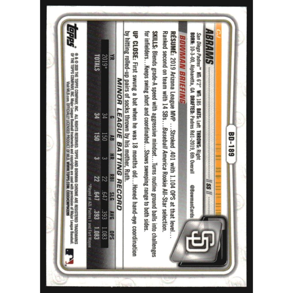 2020 Bowman Chrome Draft Sapphire #BD189 CJ Abrams